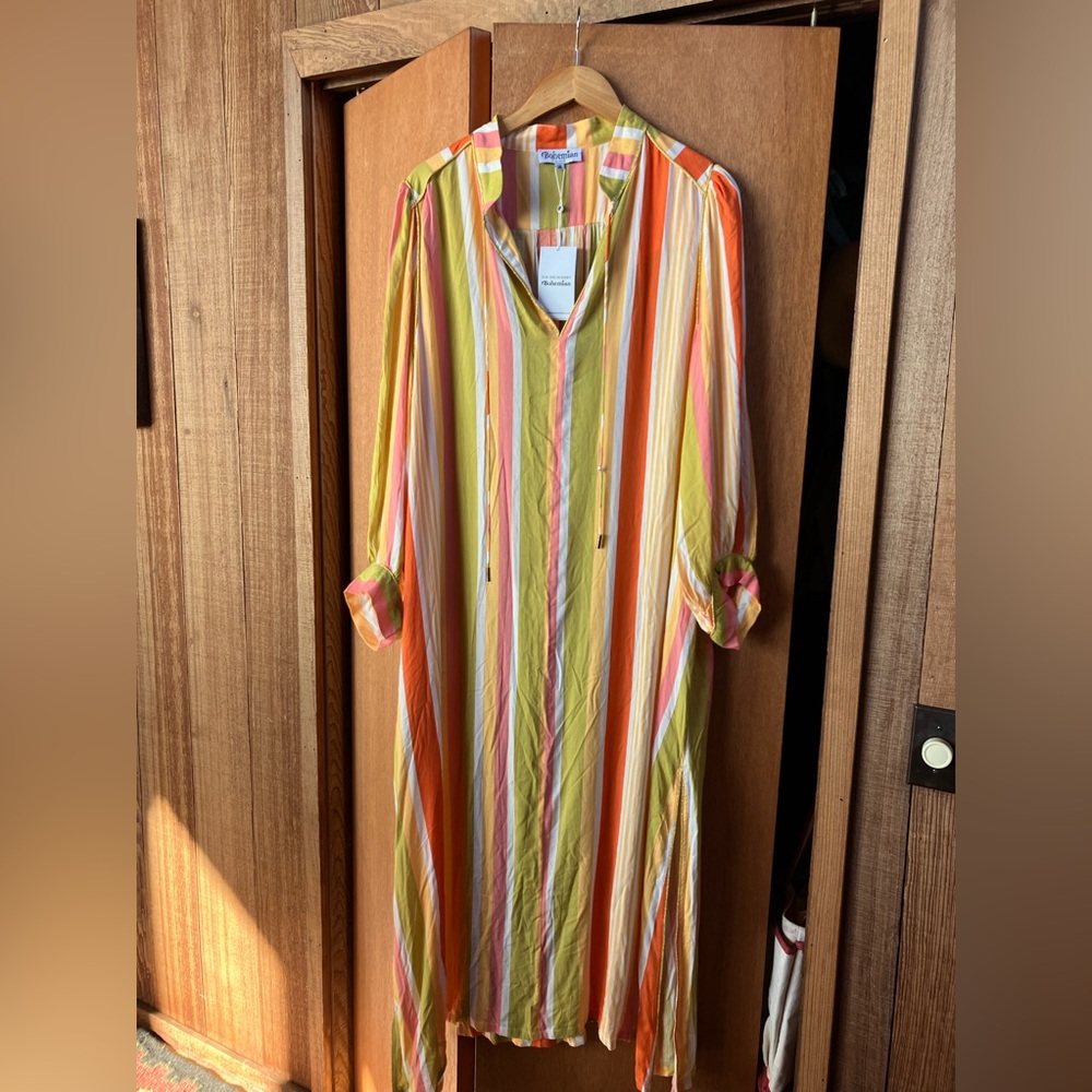 Bohemian (Size 3XL) Colorful Stripe Caftan Lounger Beach Dress Resort Maxi